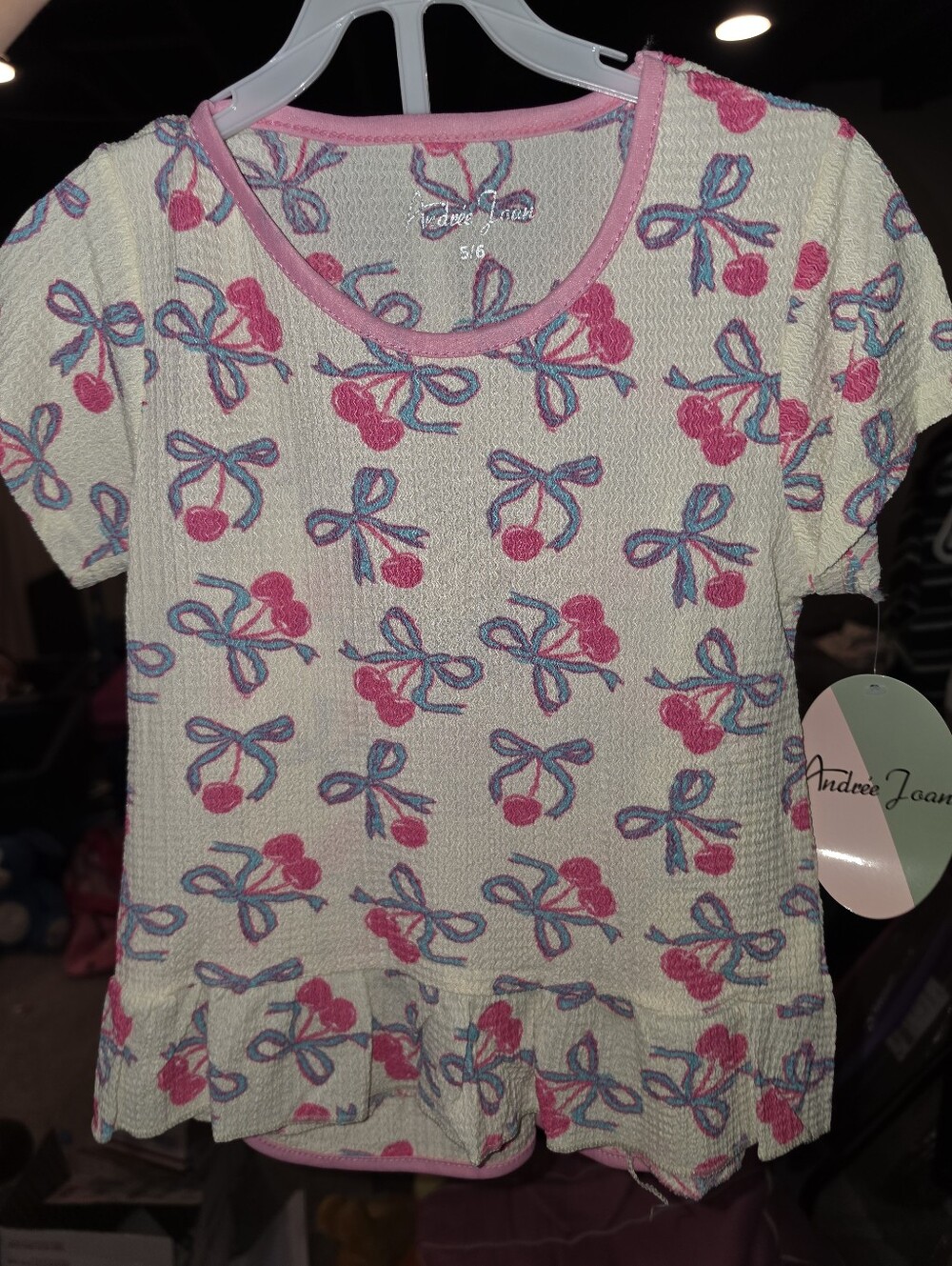 Andree White Short Sleeve Top with Pink Cherry & Blue Bow Printgirls 5/6